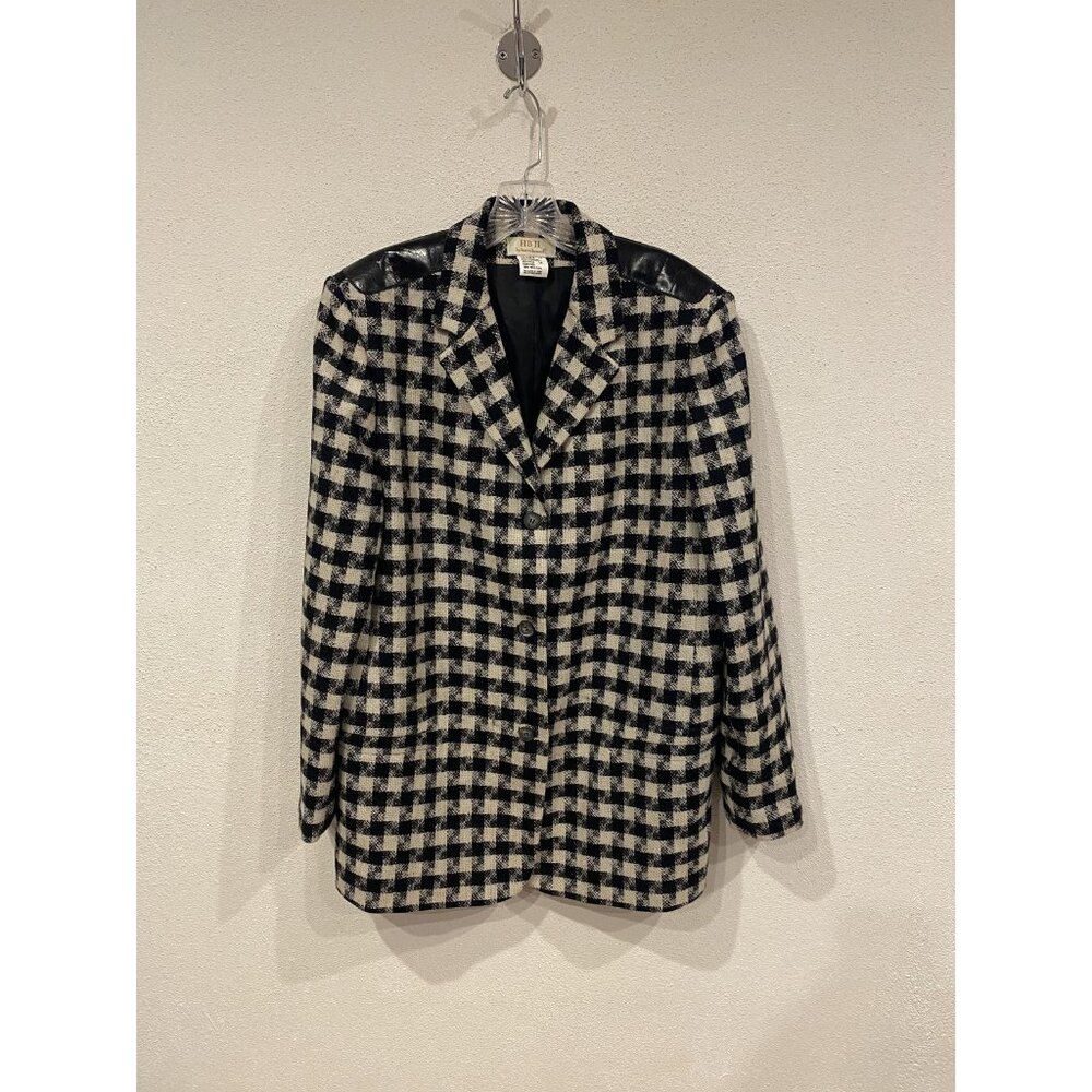 HB II By Harve Benard Jacket Womens 14 Black Check Wool Leather Look Patches